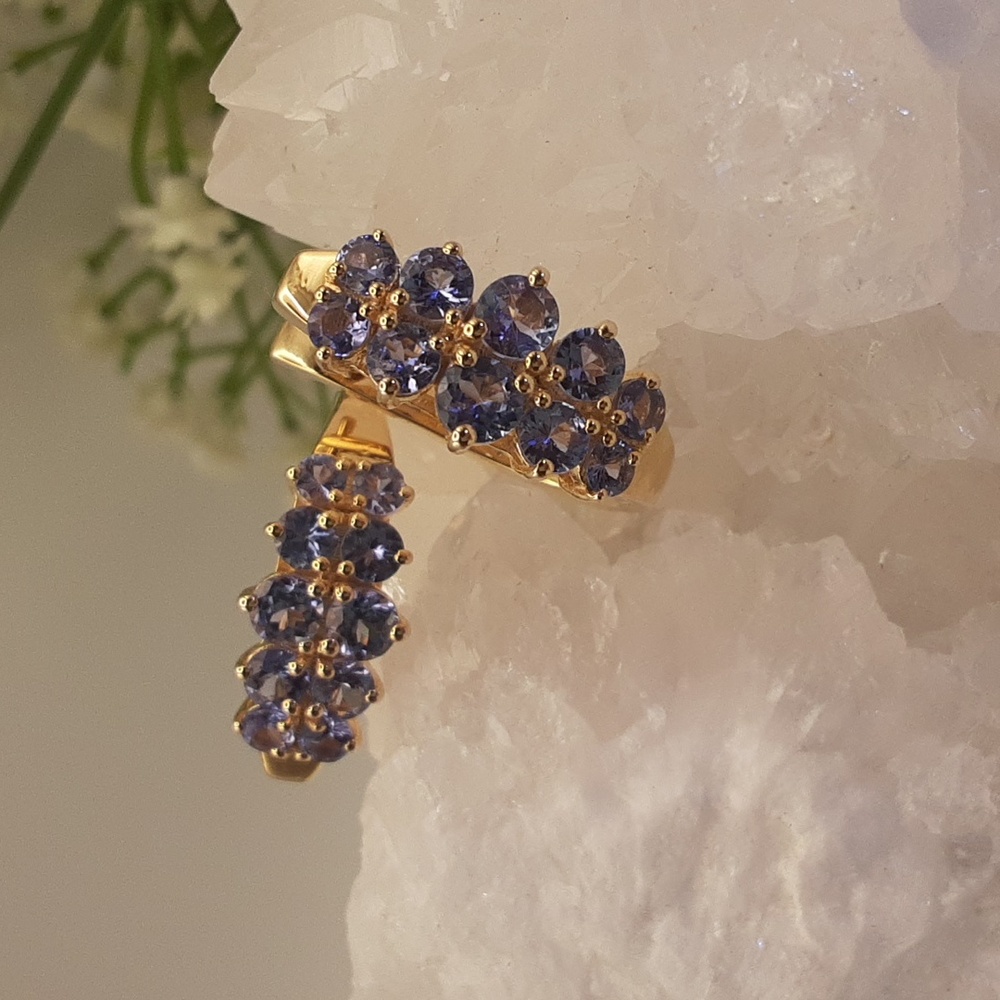 Yellow Gold Over 925, Genuine Tanzanite Hoop Earrings. - Picture 3 of 5
